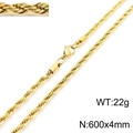 Hip hop 18K gold plated titanium twist rope chain necklace with lobster clasp - 4mm x 60cm
