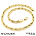 Hip hop style 18K gold plated 600x7mm stainless steel rope chain necklace for men - 7mm x 60cm