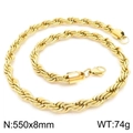 Polished 8mm gold twisted rope chain necklace in 550mm length made of titanium steel - 8mm x 55cm