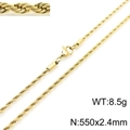 18K gold plated titanium steel twist rope chain necklace, 550x2.4mm, weight 8.5g - 2.4mm x 55cm