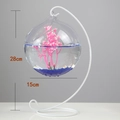 Hanging glass goldfish bowl with white metal stand and pink artificial plant decor - White Stand/Wide Mouth Bowl (Size L)/With Decor