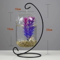 Hanging glass fish bowl with black iron stand and dimensions of 15cm height by 23cm total - Black Stand/Capsule Bowl (Size L)/With Decor