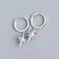 S925 silver hoop earrings with star charms featuring multi-color gemstones - 925 Silver / White Gold