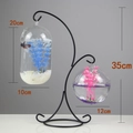 Hanging glass fish bowls with 35cm black metal stand and dual container styles - Double Hook Black Stand/Wide Mouth & Capsule Bowl Combo/With Decor