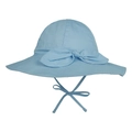 Detail eines hellblauen Baby-Sonnenhuts mit breiter Krempe, Schleife und Kinnriemen - Blau