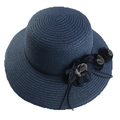 Navy blue foldable straw sun hat for women featuring side fabric flower decorations - Navy Blue