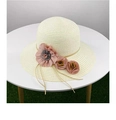 Women straw sun hat with large brim and pink floral accents for beach vacations - Kids Milk White