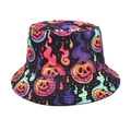 Detailed view of black bucket hat with colorful Halloween pumpkin patterns on white background - M (56-58cm) / Style 3 (Colorful Jack-O-Lanterns)