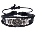 Retro black leather layered bracelet with silver skull and cross swords alloy charm - Skull Cross Swords / Black/Silver