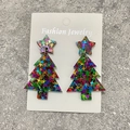 Detail of Christmas tree earrings with colorful glitter stars on acrylic material - Iridescent Sequin Christmas Tree
