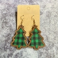 Christmas tree wooden earrings featuring classic green and black buffalo plaid pattern - Green & Black Plaid