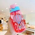 Pink transparent kids plastic water bottle with Balloon art and blue pop-up straw lid - 16oz / Cartoon Pink