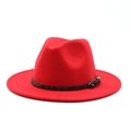 Detail of red fedora hat featuring leopard print leather band and golden metal buckle - M (56-58cm) / Red