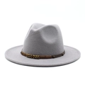 Detailed view of grey wool felt fedora featuring a brown leather band with metal beads - Light Gray