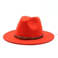 Close-up of red wool felt fedora featuring a vintage leather decorative band and beads - Orange Red