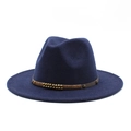 Detail of navy wool fedora hat featuring a vintage gold beaded band and straight wide brim - Navy Blue