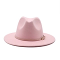Pink wide brim fedora hat with light brown leather band and metallic buckle for unisex - M (56-58cm) / Pink