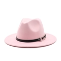 Pink wool fedora hat with wide brim featuring a black leather band and silver ring detail - M (56-58cm) / Top Hat / Pink