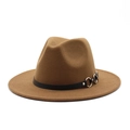 Detail of brown wool fedora hat with black leather belt and silver metal rings - M (56-58cm) / Top Hat / Light Coffee