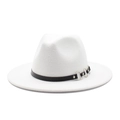 Elegant white flat brim wool fedora hat with black leather band and silver rings - M (56-58cm) / Top Hat / White