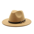 Detail of khaki wool fedora hat with black faux leather band and silver metal rings - M (56-58cm) / Top Hat / Camel