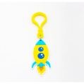Cute yellow silicone rocket keychain with blue wings and orange exhaust flame detail - TK08-Rocket with Yellow Hook