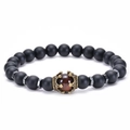 Matte black onyx beaded bracelet with gold crown charm and red tiger eye stone - Matte Black Stone