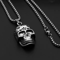 Silver skull pendant with star carving on round bead chain necklace in retro style - Skull Star + Steel Chain
