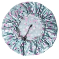 Macro detail of floral satin shower cap featuring PEVA lining and adjustable drawstring - Green Small Flower