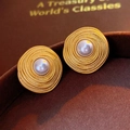 Vintage style gold spiral circle stud earrings with elegant white pearl center for women - Silver Earring Post Wrapped Circle Pearl Earrings