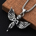 Silver titan steel box chain necklace with a detailed 3D angel wing pendant - Angel + Steel Chain
