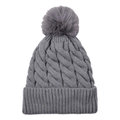 Detailed knit texture of grey acrylic winter hat featuring a fluffy faux fur pompom top - Gray