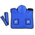 Detail of dark blue microfiber pet bathrobe with white paw print embroidery on pocket - XS / Hooded with Pockets / Blue