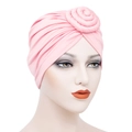 Pink pleated milk silk turban hat for women featuring a decorative top rosette knot - Pink