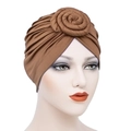 Brown turban hat with spiral donut flower design made of stretch milk silk fabric - Coffee