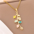 Golden leaf pendant necklace with colorful enamel and zircon on a textured background - NE39 Leaf Multi-color Enamel Box Chain Necklace