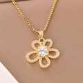 Gold stainless steel necklace with a zircon flower pendant on elegant packaging - Box Chain / Gold