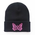 Pink butterfly embroidery on black knit beanie hat for winter warmth and trendy style - Black