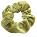 Soft olive green velvet scrunchie for women with rich wrinkled texture and shine - Fruit Green