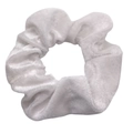 Elegant white velvet scrunchie with soft glossy texture and classic ruffled design - Bleached White