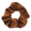 Soft brown velvet scrunchie with natural pleats shown on a clean white background - Copper