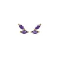 Detail view of gold stud earrings featuring two marquise purple cubic zirconia gems - Purple