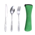 Portable stainless steel cutlery set with floral relief and green storage pouch - 3-Piece Set (Knife Fork Spoon) / Green Floral Set