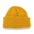 Classic mustard yellow cuffed knit beanie with vertical ribbed texture on white background - M / Yellow
