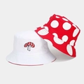 Detalle de sombreros de pescador reversibles con bordado de hongo rojo y patrón de lunares - Talla única / Champiñón Lunares Rojo Blanco Reversible