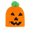 LED light-up Halloween pumpkin knit beanie with green pompom and Jack-o'-lantern face - Orange Pumpkin