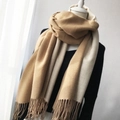 Soft camel and beige reversible scarf with fringe tassels for winter warmth - Khaki + Beige