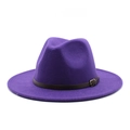 Deep purple wool fedora hat with wide flat brim and decorative brown leather belt buckle - M (56-58cm) / Purple