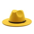 Detail of yellow wool felt fedora featuring a dark brown leather band and bronze metal buckle - M (56-58cm) / Yellow