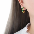 Bamboo-style C-shape earrings in gold and emerald green enamel with titanium steel finish - Green
